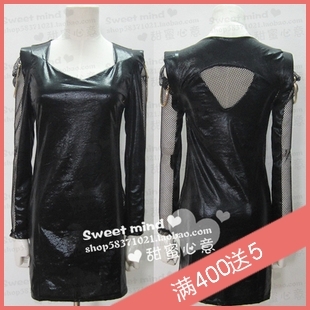 Spring sexy low-cut patchwork faux leather mesh racerback strapless slim hip tight fitting long-sleeve dress slim