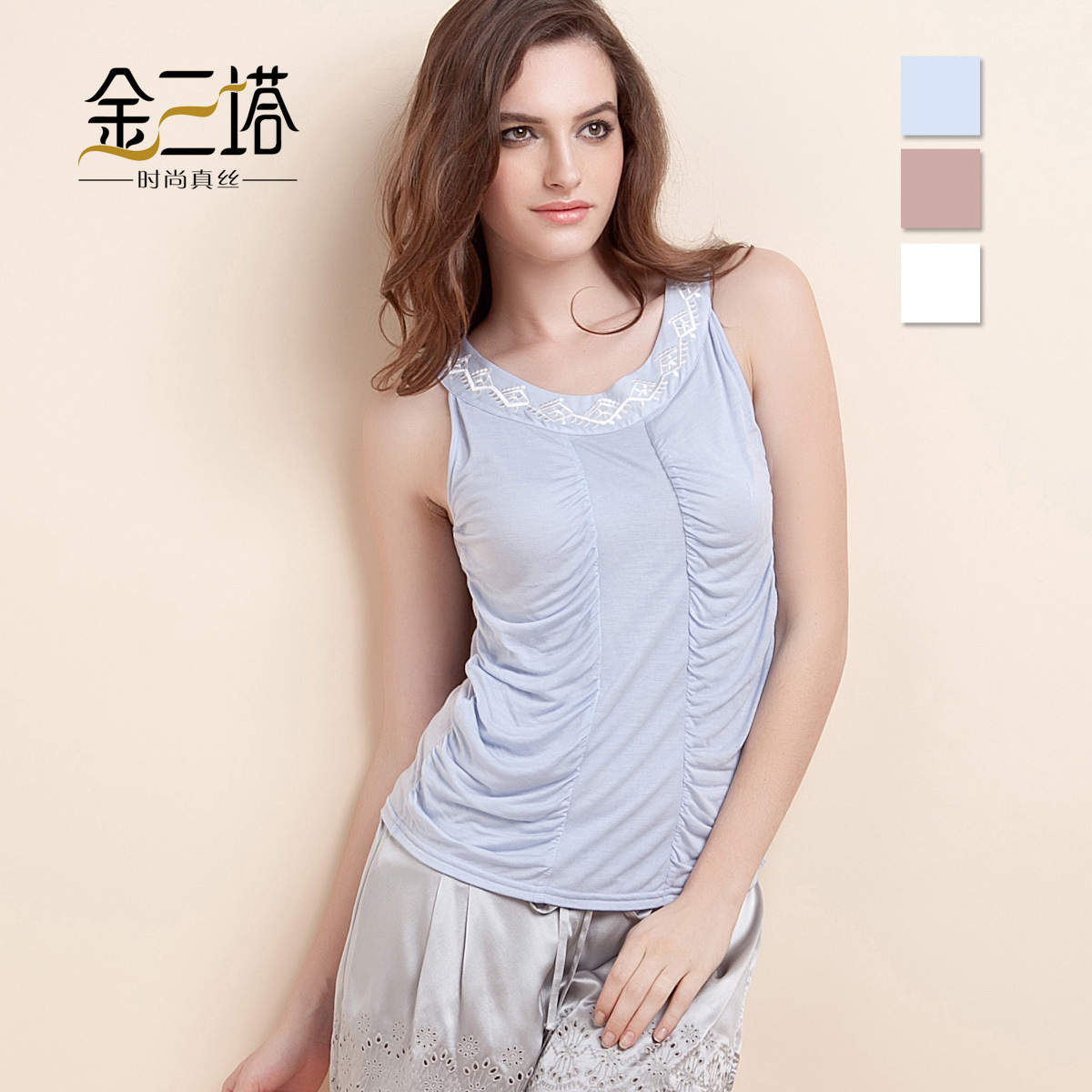 Spring silk modal vest national embroidery trend female mulberry silk stereo pleated spaghetti strap top