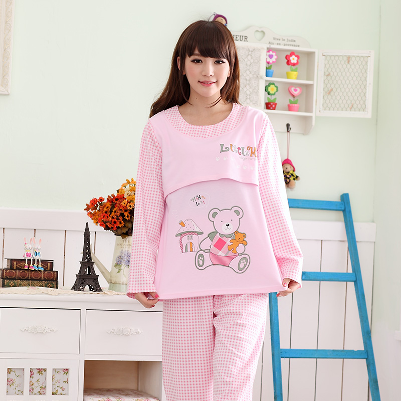 Spring sleepwear Women 100% cotton long-sleeve nursing sleepwear lounge set cartoon bear Free delivery