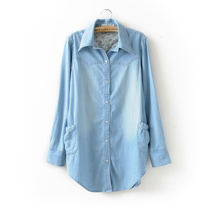 Spring Summer Autumn Women Medium-long Plus Size Denim Shirt Long Sleeve Denim Blouse Size from XS to XXXL