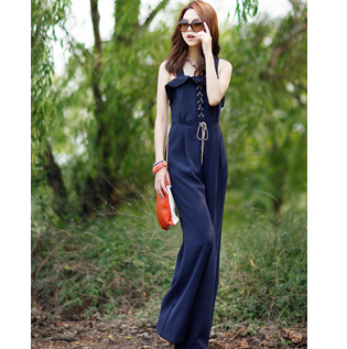 Spring summer blue Ruffles jumpsuits for women Strap one piece jonined bodies clothings  pants wide leg loose rompers