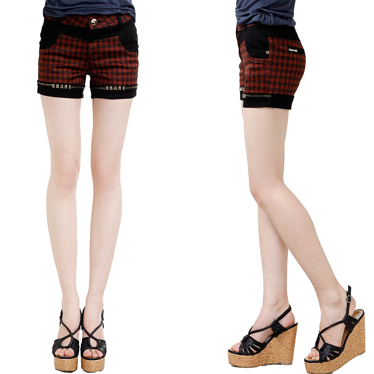 Spring summer casual mid waist plaid check casual shorts pants