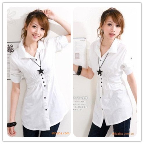 Spring Summer New Women's Fashion Blouses OL Solid Color Occupational Shirt Cotton Material White/Pink/Blue Free Shipping