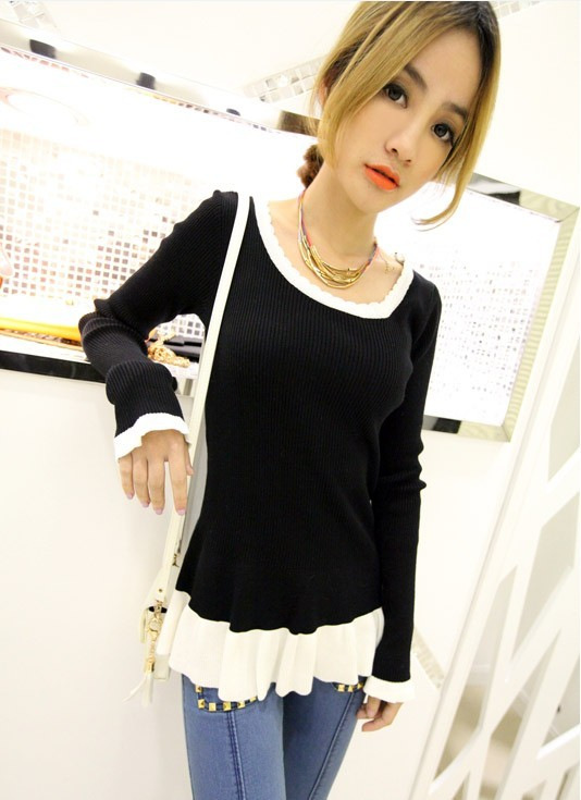Spring sweet color block bordered o-neck long-sleeve sweater slim basic shirt top female P*