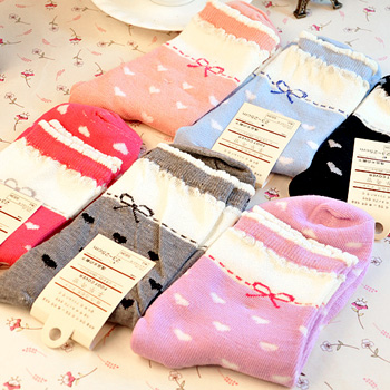 spring thickening thermal knee-high cotton female socks love bow cheaper price
