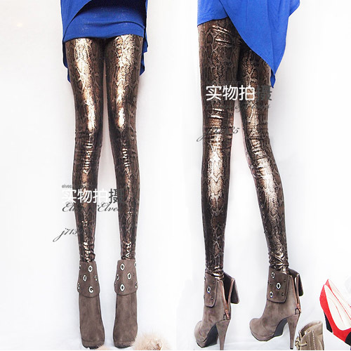 Spring tight shiny metal color serpentine pattern faux leather legging