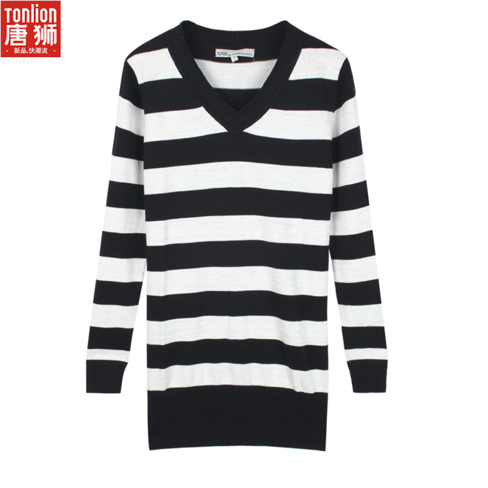 Spring TONLION female V-neck design stripe long sweater 139