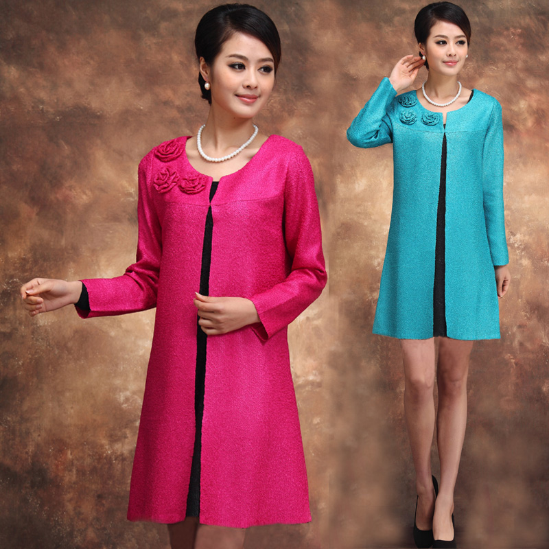 Spring trench unique women's pleated formal dress o-neck long-sleeve slim silk plus size casual outerwear