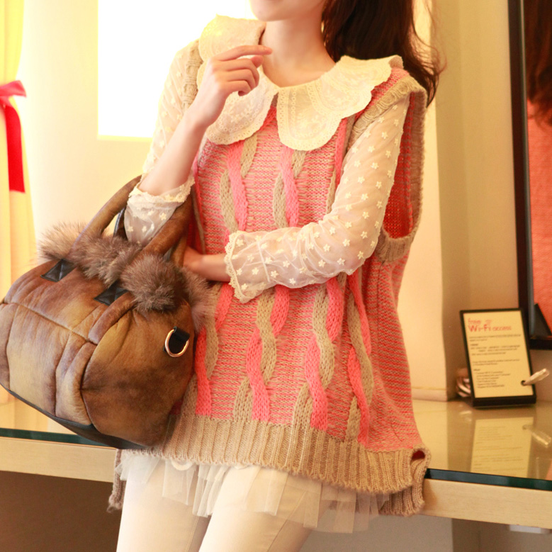 Spring twisted vertical stripe color block pullover o-neck medium-long sweater vest knitted vest sweater female