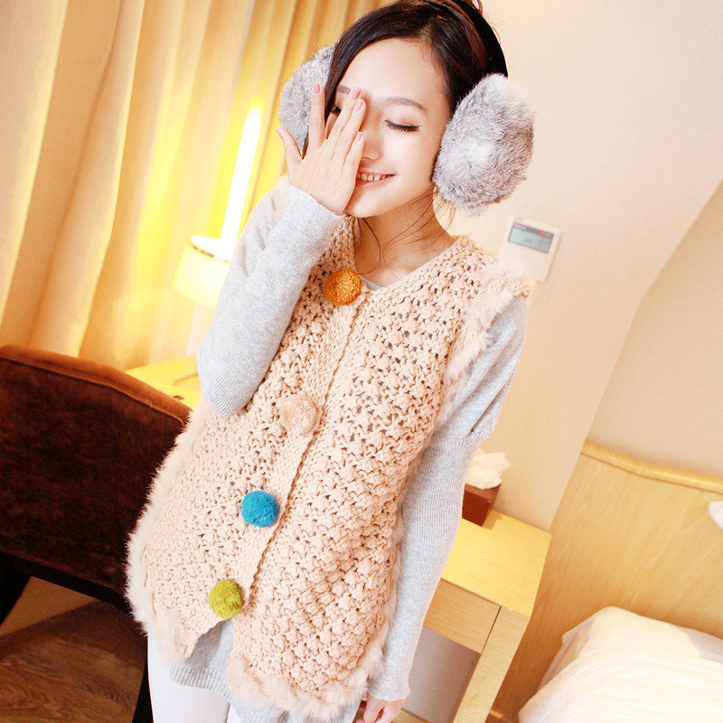 Spring vest knitted rabbit fur bordered sphere loose sweater design long outerwear c380