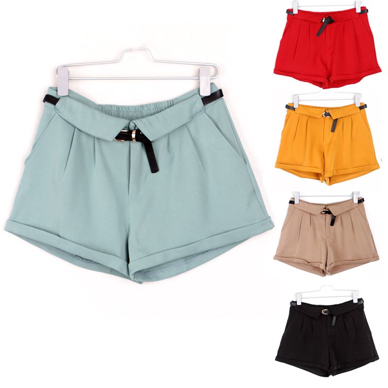 Spring vintage mid waist roll up hem shorts pants loose green khaki with belt