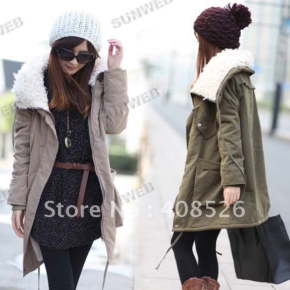 Spring, Winter Women's Cheap Fashion Fur Collar Lambs Flocking Thick Cotton-padded Coat Outerwear 2 colors Free shipping 3471