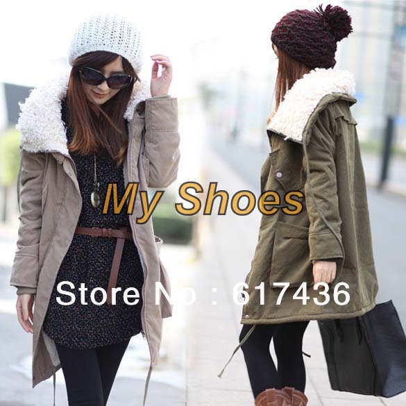 Spring, Winter Women's Cheap Fashion Fur Collar Lambs Flocking Thick Cotton-padded Coat Outerwear 2 colors Free shipping 3471