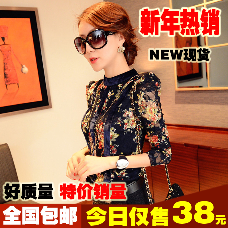 Spring women's all-match slim chiffon lace basic shirt long-sleeve print turtleneck long-sleeve T-shirt female t shirt women
