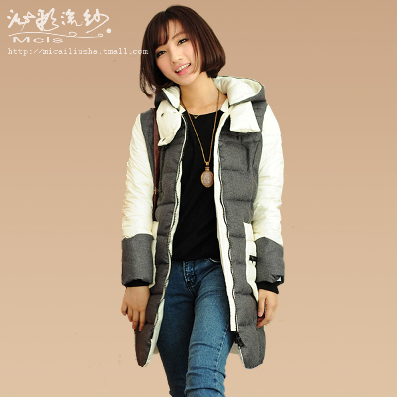 Spring women's color block decoration medium-long long-sleeve with a hood zipper thickening wadded jacket cotton-padded jacket
