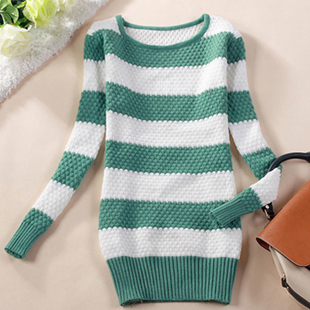 Spring women's color block decoration wide stripe long-sleeve sweater pullover medium-long sweater basic shirt P*