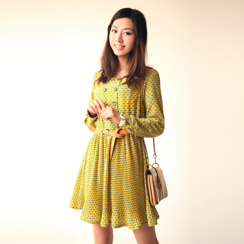 Spring women's double breasted waist pleated leather buckle on type long-sleeve dress new arrival