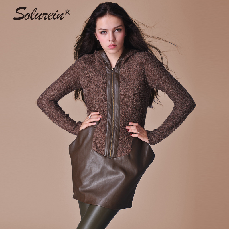 Spring women's fashion leather patchwork plush with a hood medium-long one-piece dress zipper long-sleeve dress