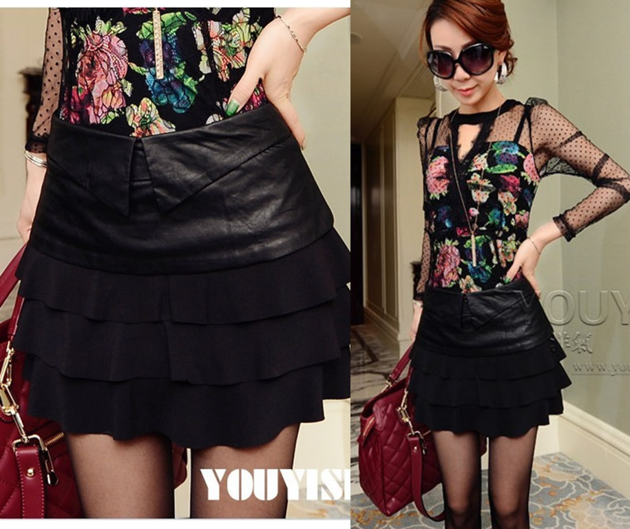 Spring women's fashion patchwork layers of stacked layered dress bust short  leather black ladies skirt  free shipping dress