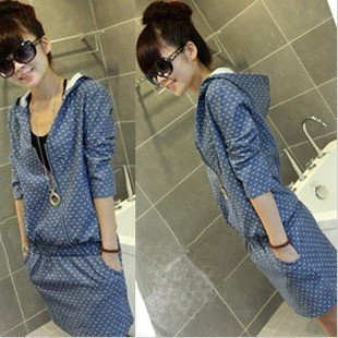 Spring women's half sleeve hooded zipper irregular slim denim skirt one-piece dress fifth sleeve one-piece dress FREE SHIPPING