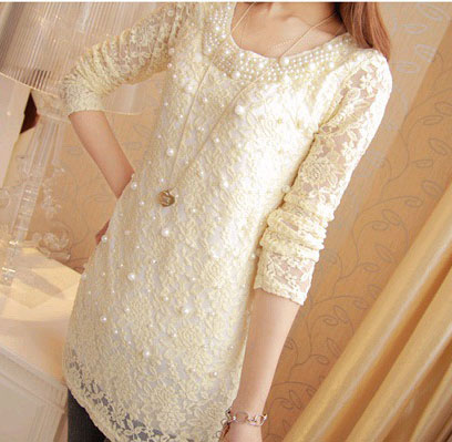 Spring women's lace shirt o-neck solid color long-sleeve lace top 50412