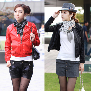 Spring women's o-neck motorcycle paragraph leather clothing color block decoration outerwear