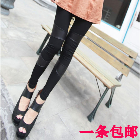 Spring women's pianbu legging tight leather pants patchwork faux leather legging female