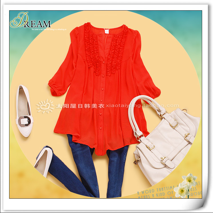 Spring women's ruffle hem pleated medium-long short-sleeve chiffon casual shirt j2-4