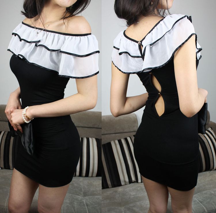 Spring women's sexy slit neckline ruffle miniskirt sexy slim hip slim one-piece dress