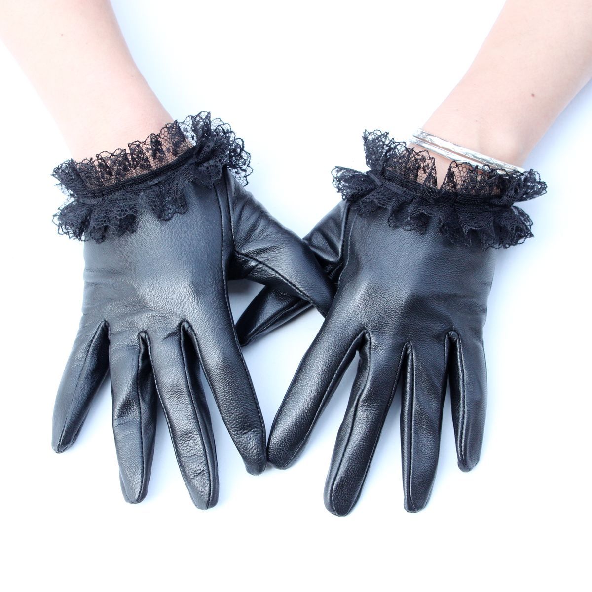 Spring women's sheepskin genuine leather gloves short design gloves lace decoration gloves