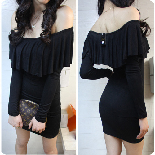 Spring women's strapless ruffle long-sleeve slim sexy one-piece dress miniskirt black