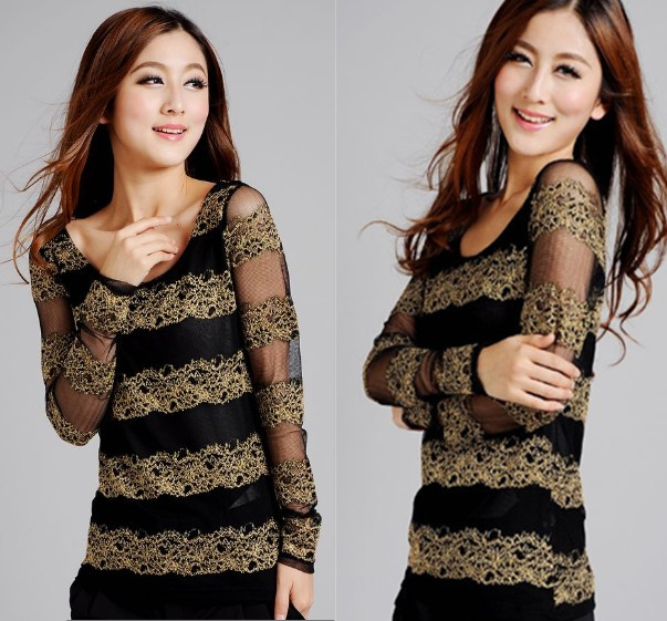 Spring women's ubiquitous1 gauze lace basic shirt o-neck slim gauze basic shirt female lace shirt  free shipping