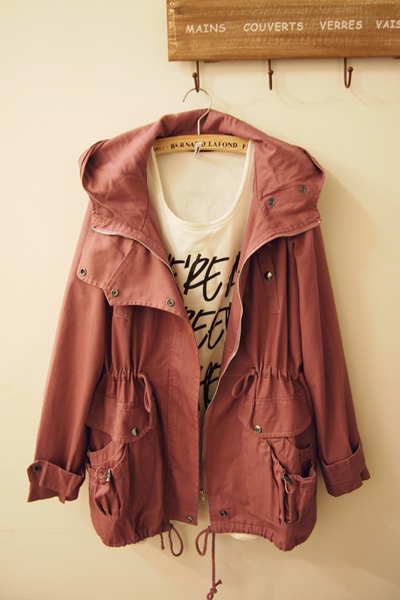 Spring women's vintage solid color casual loose slim waist clothes outerwear medium-long hooded trench