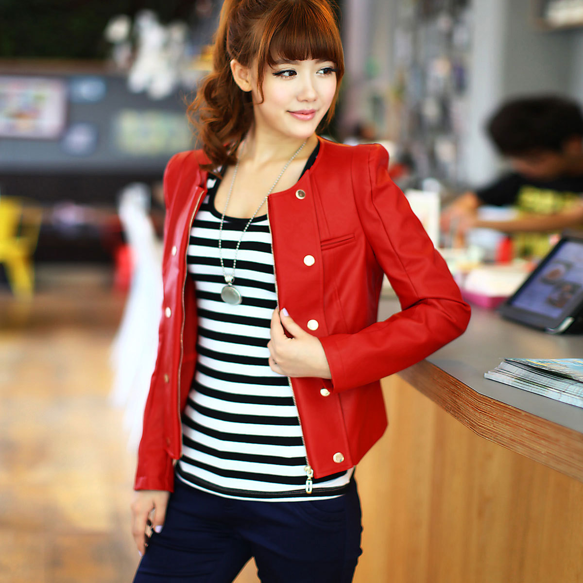 Spring women's zipper style roll up hem double breasted motorcycle leather clothing outerwear