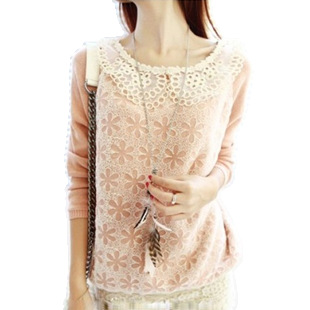 Spring yarn petal neckline full lace sweater long-sleeve basic sweater