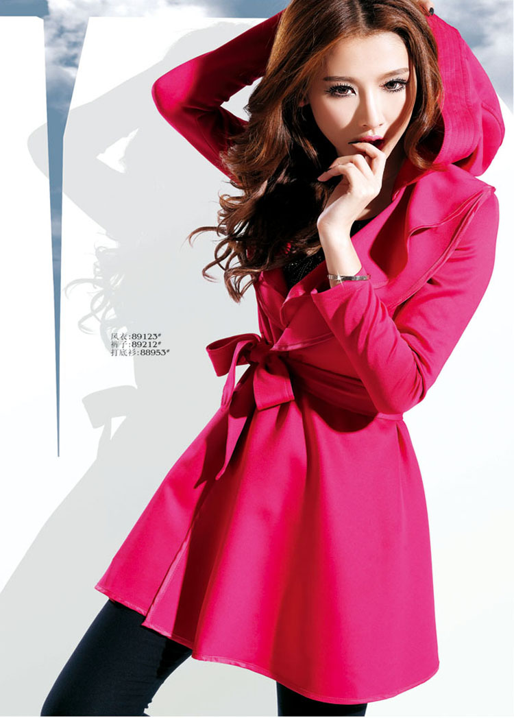 Spring yq casual with a hood type solid color lacing trench outerwear