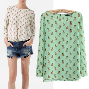 Spring zar perspectivity rivet print shirt female loose o-neck long-sleeve chiffon shirt A1570