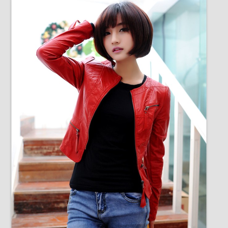 Spring zipper cutout long-sleeve lace lining water washed leather clothing female short jacket