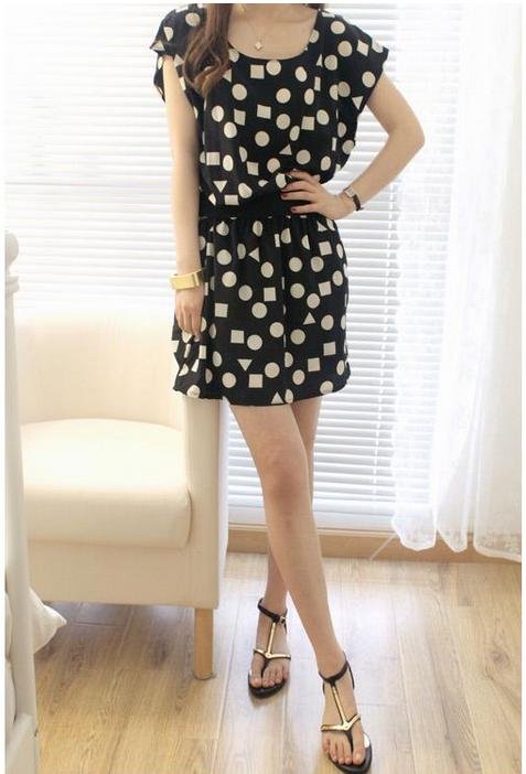 Square Circle printed womens vintage dress 2012 summer printed silk plus size women's Geometric dress with polka dots FD10026