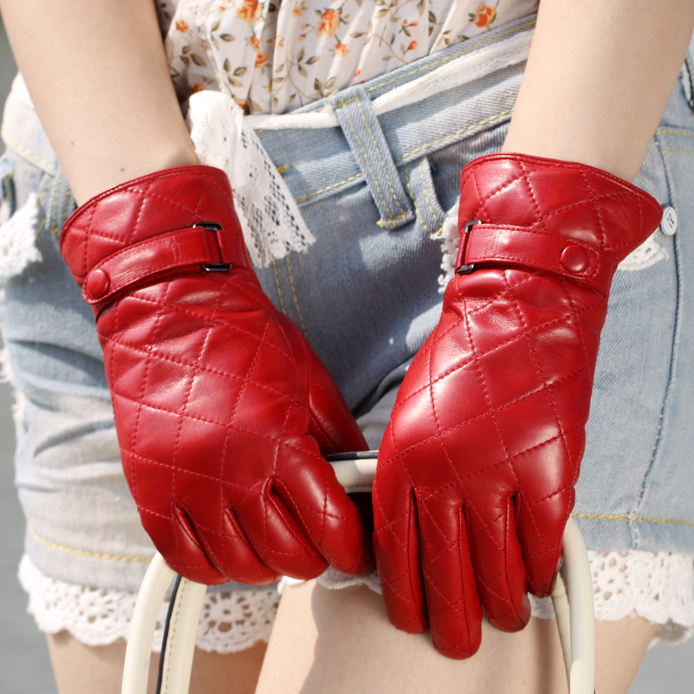 Square grid print women's sheepskin gloves repair genuine leather gloves