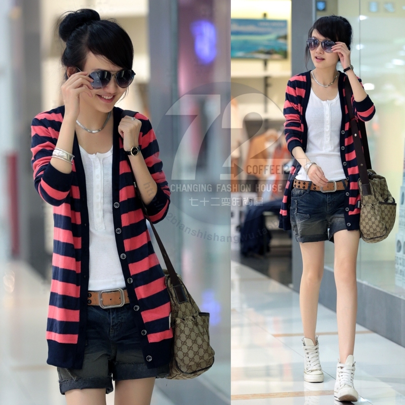 Ss1526 2012 autumn new arrival patchwork stripe cardigan knitted outerwear female