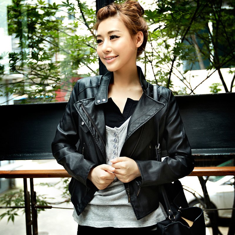 Stand collar 2012 autumn outerwear women's small leather clothing female short design slim PU jacket 01g3002