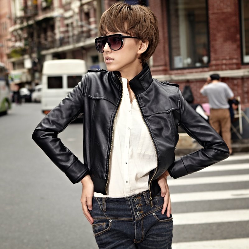 Stand collar epaulette 2012 autumn outerwear women's small leather clothing female short design slim PU jacket 01g3022