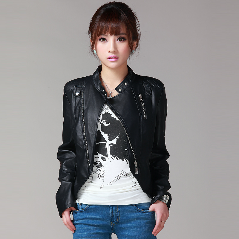 Stand collar motorcycle short design leather coat PU clothing women's small leather clothing jacket