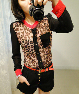 Stand collar outerwear kuanxiu color block chiffon leopard print shirt women's long-sleeve shirt