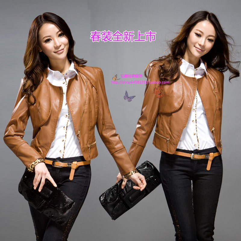 Stand collar plus size PU motorcycle outerwear personalized elegant water washed leather women's short design leather clothing