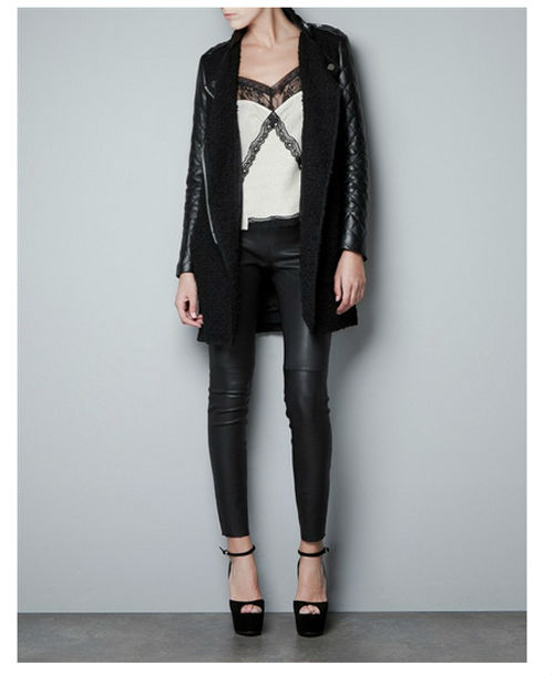 STAND-UP COLLAR PU LONG SLEEVE BADGE DECORATION COAT 3698