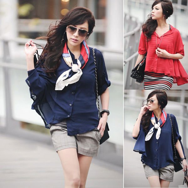 STAND-UP COLLOR BUTTON-TAB SLEEVE SEE THROUGH CHIFFON BLOUSE 2829