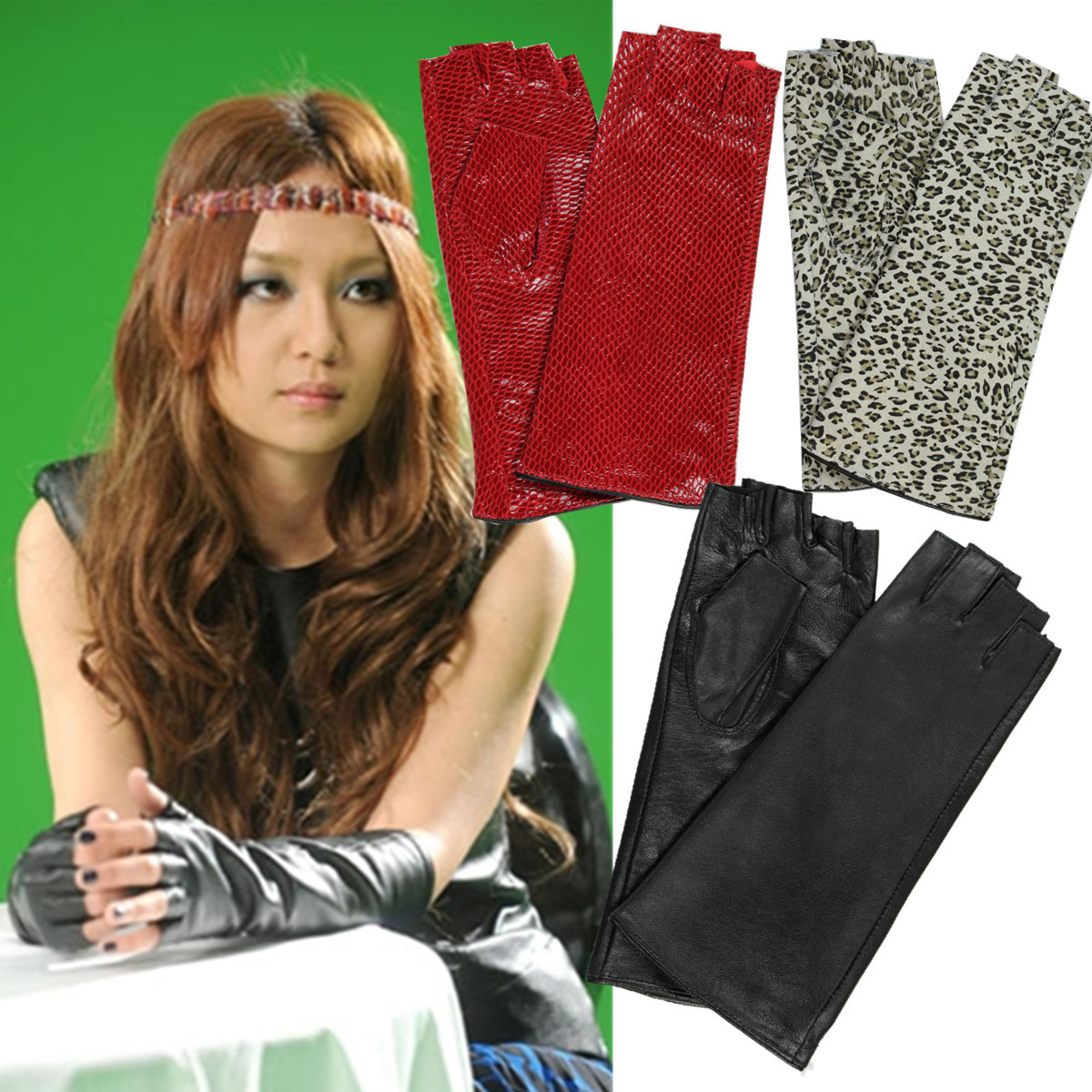 Star Foreign Trade 2011 semi-finger leather gloves women's genuine leather long gloves mitten 23cm chromophous