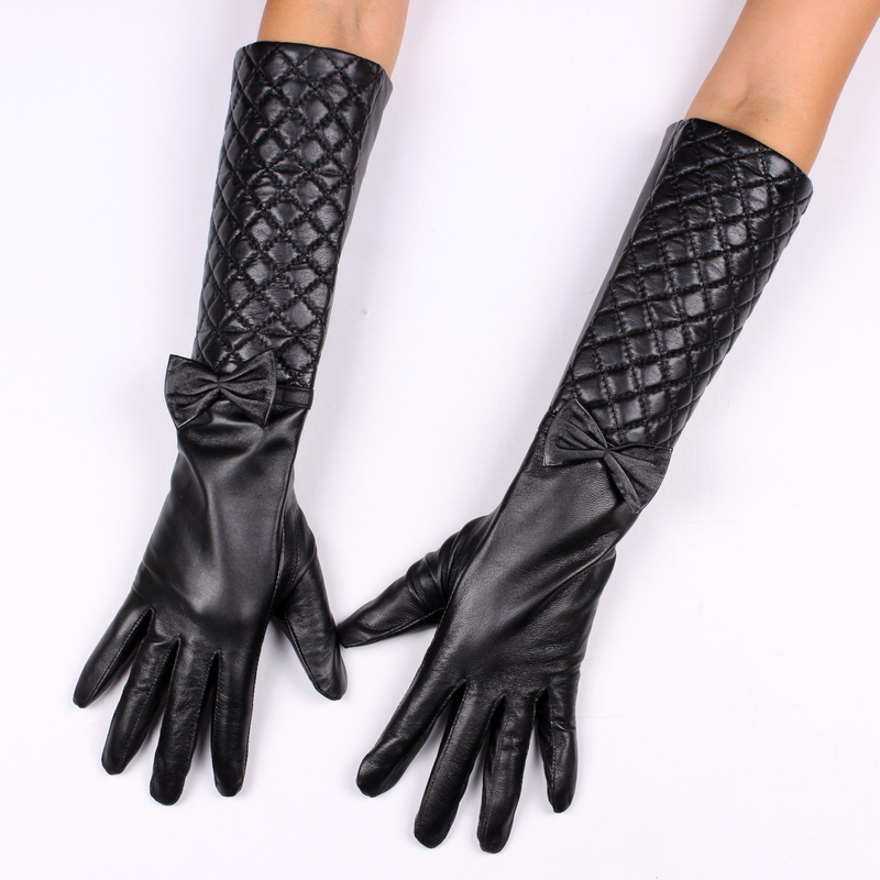 Star Foreign Trade Fashion winter women's genuine leather long gloves ultra long paragraph padded bow sheepskin gloves